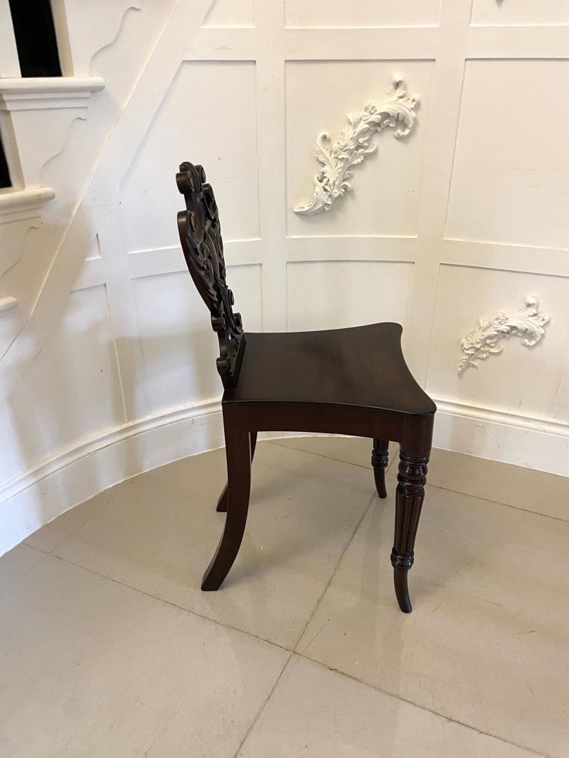 Outstanding Quality Pair of Antique Regency Carved Mahogany Hall Chairs - Image 6